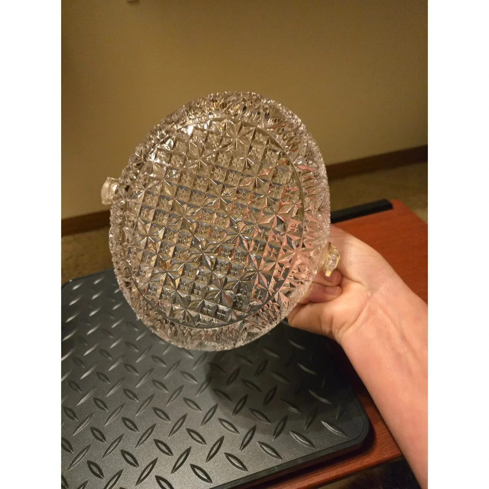 Vintage Clear Pressed Glass Basket Hobstar Fan Pattern Swing Handle Candy Dish